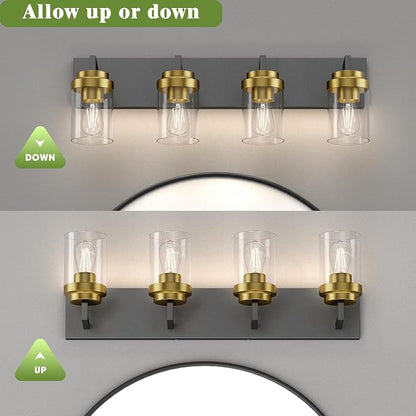Bathroom Lighting Fixtures, 4-Light Bathroom Vanity Lights Over Mirror, Black and Gold Vanity Light with Glass Shade, Modern Vanity Lighting Fixtures for Bathroom, Bedroom, Hallway
