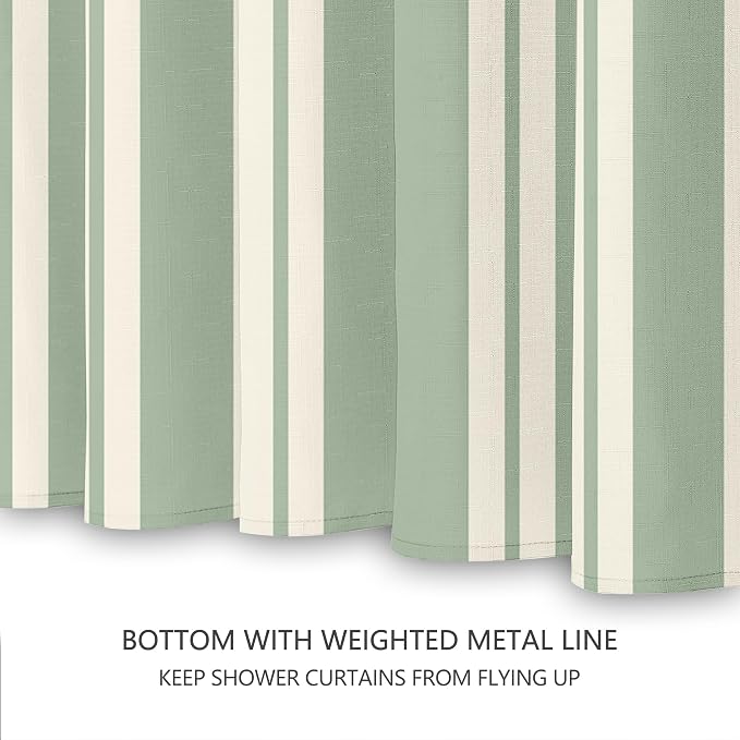 Tititex Cute Candy Cane Striped 140gsm Faux Linen Fabric Shower Curtain, Elegant Classic Sage Green Beige Shower Curtain Sets Decoration 72x78 Inch with Hooks