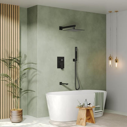 Shower Tub Faucet Set, 10" Bathroom Rainfall Shower Head Fixtures Combo with Handheld Spray and Tub Spout, Matte Black (Valve Included)