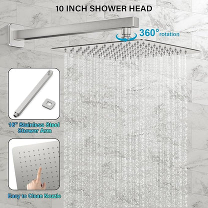 FPXRNG Shower Faucet Set Rainfall Shower System with Square Shower Head and Handle Set Rough-in Valve and Metal Trim Kit Included Brushed Nickel 10 Inch Wall Mounted Shower Fixtures