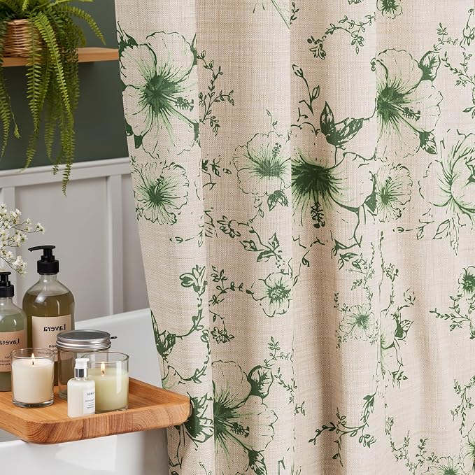Vintage Green Floral Shower Curtain with 12 Clear Rings - 72" W x 84" L | Farmhouse Fabric Faux Linen Shower Curtain Set, French Country Cottagecore Style Shower Curtain for Bathroom