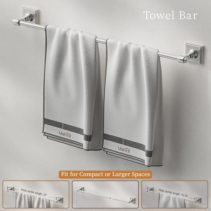 VEHCIL Polished Chrome Bathroom Towel Bar Set, 5 Piece Bathroom Hardware Accessory Set, SUS304 Stainless Steel 24" Towel Rack Holder Set for Bathroom, Wall Mounted