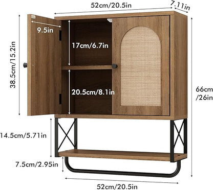 RUSTOWN Rattan Bathroom Wall Cabinet, Boho Over The Toilet Storage Cabinet with Arched Rattan Doors, Modern Medicine Cabinet with Adjustable Shelves & Towel Bar, Bathroom Organizer(Rustic Oak, Medium)