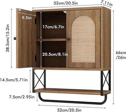 RUSTOWN Rattan Bathroom Wall Cabinet, Boho Over The Toilet Storage Cabinet with Arched Rattan Doors, Modern Medicine Cabinet with Adjustable Shelves & Towel Bar, Bathroom Organizer(Rustic Oak, Medium)