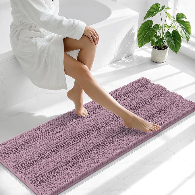 Smiry Thick Chenille Bathroom Runner Rugs 47x17, Soft Bath Mat, Deep Plum | Quick‑Dry & Machine Washable, Non‑Slip Bath Carpet, Striped Bath Rugs for Tub & Shower, Modern Home Decor Accessories