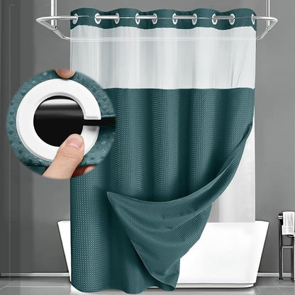 No Hook Shower Curtain and Liner Set,Seaweed Green Hotel Waffle Shower Curtain with Liner 75" L x 72" W