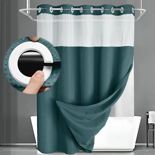 No Hook Shower Curtain with Liner Set Hotel Waffle Seaweed Green 72W X 75L | Washable Snap in Fabric Liner, Mesh Top Window, Waffle Hotel Style Shower Curtain Set