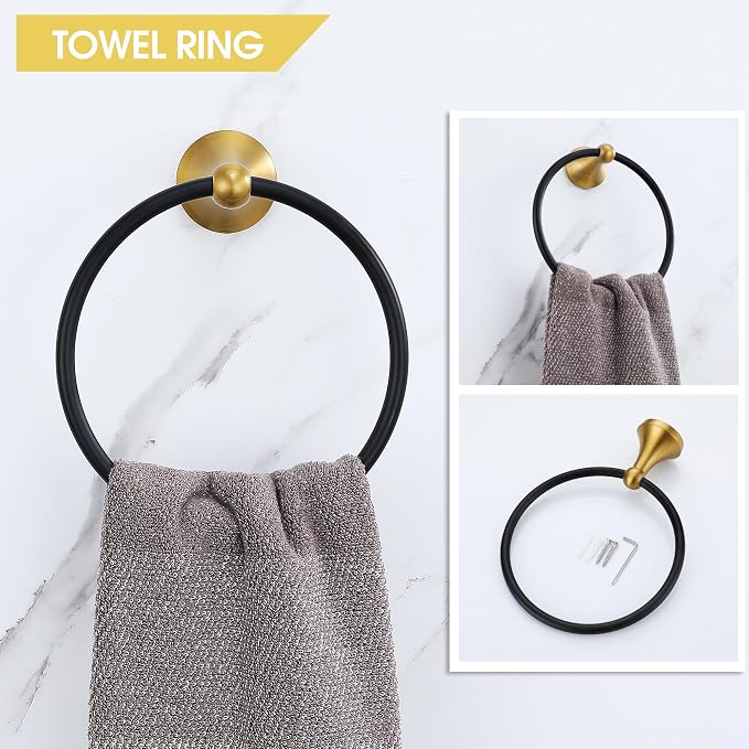 Brushed Gold and Black Bathroom Hardware Set, 4-Piece Black and Gold Bathroom Accessories Kit Stainless Steel 23.6 Inch Towel Bar | Towel Hook | Toilet Paper Holder | Hand Towel Holder