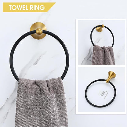 Brushed Gold and Black Bathroom Hardware Set, 4-Piece Black and Gold Bathroom Accessories Kit Stainless Steel 23.6 Inch Towel Bar | Towel Hook | Toilet Paper Holder | Hand Towel Holder