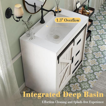 31" Farmhouse Sliding Barn Door Bathroom Vanity with Sink Combo, Bathroom Vanity Cabinet with Drawers & Metal Handles, Freestanding, Distressed White