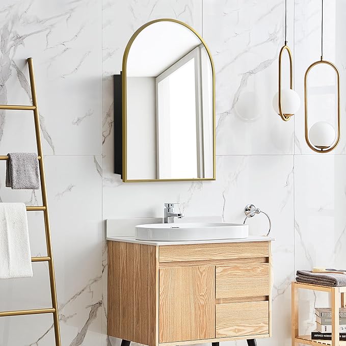 Casaphoria 36" H x 24" W Arched Bathroom Medicine Cabinet with Mirror, Metal Frame Wall Mirror Cabinet, Wall Medicine Cabinets Mirrors, Gold