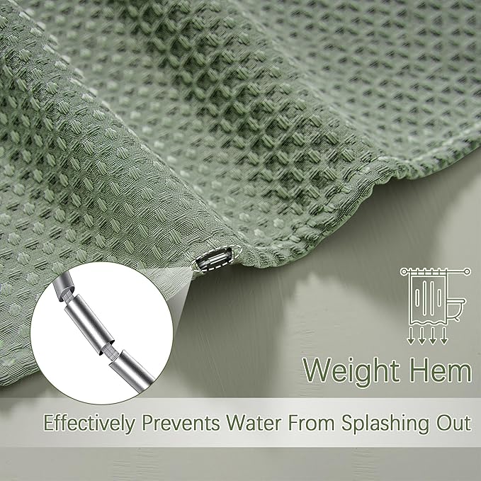 Green Stall Shower Curtain Waffle Weave Fabric, Luxury Waterproof 256GSM Heavy Duty Camper Shower Curtain for Travel Trailers with 6 Metal Hooks, 36Wx72H Sage Green