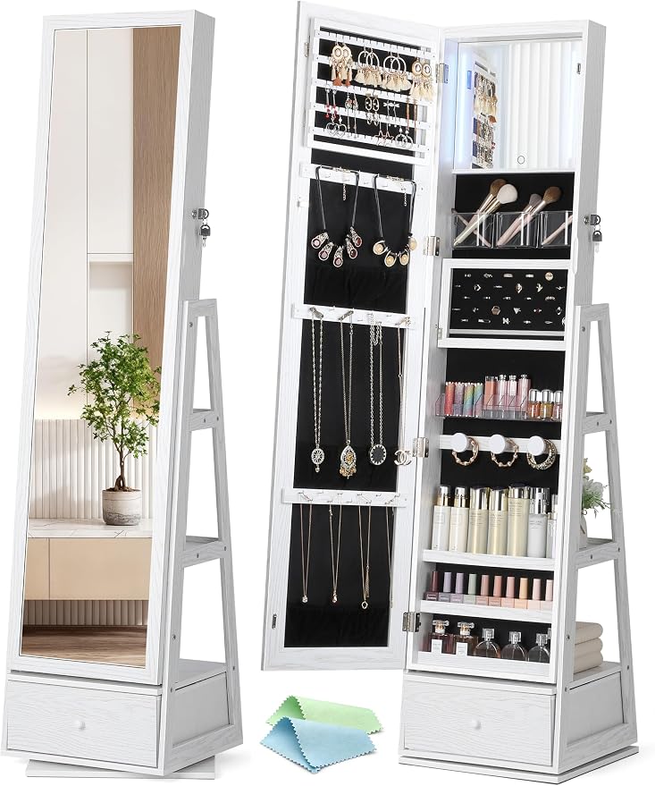 Nicetree 360° Swivel LED Jewelry Cabinet, Full-Length Mirror, Grain White