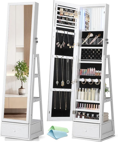 Nicetree 360° Swivel LED Jewelry Cabinet, Full-Length Mirror, Grain White