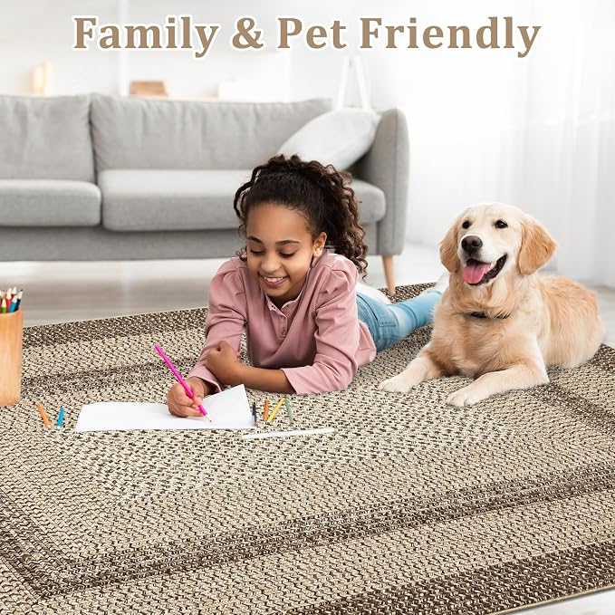 Imitation Braided Collection-Print Large Washable Rug 9x12 Non-Slip Rugs for Living Room, Natural Bordered Carpet, Stain Resistant Thin Foldable Floor Cover Bedroom for Nursery Dining Room