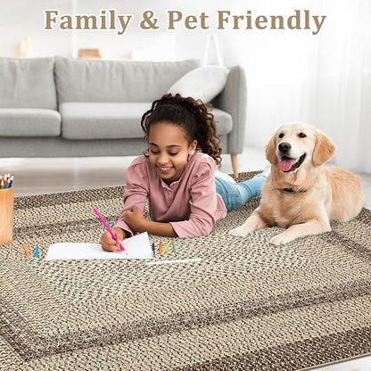 Imitation Braided Collection-Print Area Rug 6x9 Rug for Living Room, Machine Washable Rustic Bordered Area Rug Non Slip Soft Foldable Low Pile Stain Resistant Carpet for Bedroom, Dining Room