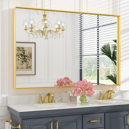 Keonjinn 55x36 Inch Gold Bathroom Mirror for Over Sink, Vanity Mirror | HD Tempered Glass, Rectangular, Brushed Framed, Square Corner, Modern Farmhouse, Wall Mounted Mirrors, Aluminum Alloy