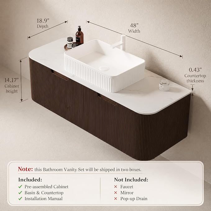 48 Inch Bathroom Vanity with Sink, Floating Wall Mounted Single Sink Vanity, Dark Walnut Curved Fluted Front, Stone Top, White Textured Rectangular Vessel Basin, Pre-Assembled