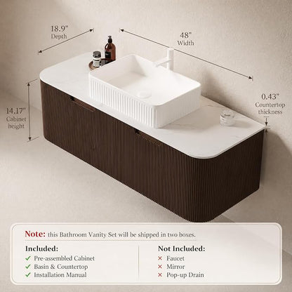 48 Inch Bathroom Vanity with Sink, Floating Wall Mounted Single Sink Vanity, Dark Walnut Curved Fluted Front, Stone Top, White Textured Rectangular Vessel Basin, Pre-Assembled