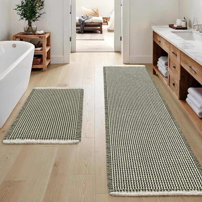MIULEE Set of 2 Waffle Bathroom Rugs Green&Cream Bath Mat 17"x24"+17"x48" | Non Slip, Super Absorbent, Washable, Ultra Soft, Rubber Backed, Small Boho Bath Rug and Bathroom Runner for Floor Tub Shower