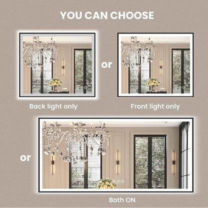 48"x36" LED Bathroom Mirror, Frontlit&Backlit, Controlled Separately | Black Metal Frame, Stepless Dimmable, Anti-Fog, HD Reflection, Shatter-Proof, 3 Colors Lighting, Memory, UL Listed
