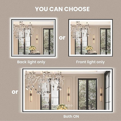72"x36" LED Bathroom Mirror, Frontlit&Backlit, Control Separately | Black Metal Frame, Stepless Dimmable, Anti-Fog, HD Reflection, Shatter-Proof, 3 Colors Lighting, Memory, UL Listed
