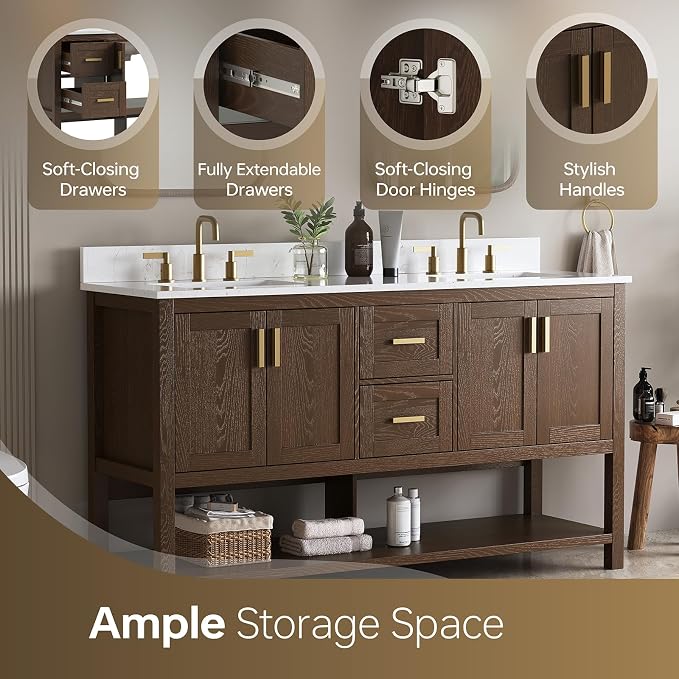 60 Inch Bathroom Vanity with Double Sink, Walnut | Farmhouse Bathroom Vanity with 2 Dovetail Drawers & Open Shelf, Engineered Stone Countertop with Backsplash, Fully Assembled