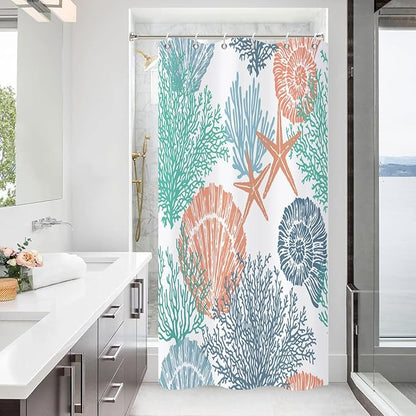 Nautical Coastal Shower Curtain, Green Navy Blue Orange Ocean Beach Seashell Starfish Themed Bathroom Curtain Waterproof Fabric Machine Washable with Hooks, 36" Wx72 L