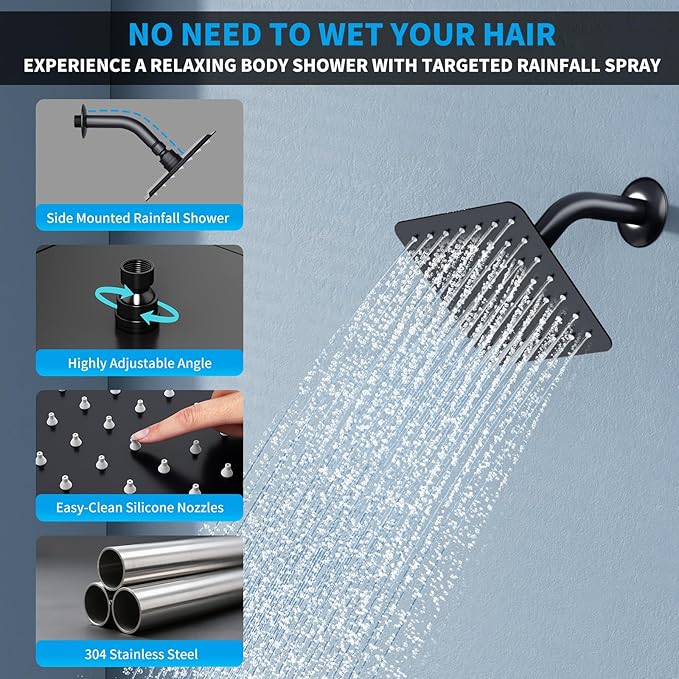 Shower Faucet Set Shower System - EMBATHER Push Button Diverter Dual Shower Faucet Valve Kit with Rainfall Ceiling Mount 10 Inch Shower Head 6 Inch Wall Mount, for Couple (Standard-10'', Matte Black)