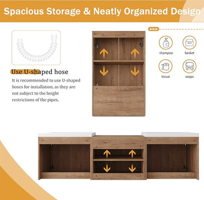 72'' Floating Bathroom Vanity with Double Sink, and 1 Side Cabinet, Brown | Double Sink Combo with 24" Side Cabinet, Plywood Cabinet, Resin Basin, Ample Storage, Soft-close Hinge, Assembly Required