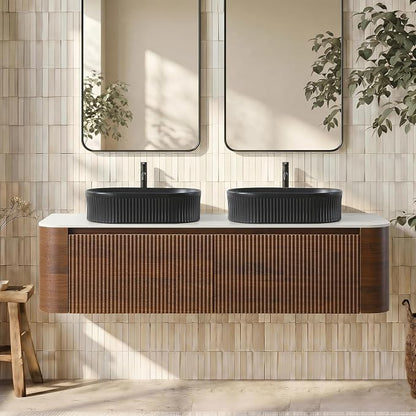 60" Floating Bathroom Vanity with Double Black Sink, Walnut | Pre-Assembled Fluted Wall Mounted Double Sink Vanity with Sintered Stone Countertop, Soft-Close Drawers & Towel Rack
