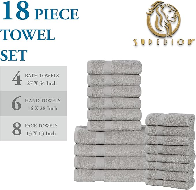 SUPERIOR 18-Piece Cotton Assorted Towel Set, Includes 8 Face Towel, 6 Hand, and 4 Bath Towels, Home, Bathroom, Guest Bath Essentials, Quick Dry, Absorbent, Franklin Collection - Silver