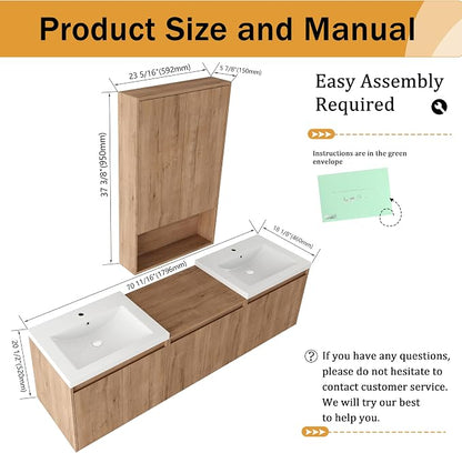 72'' Floating Bathroom Vanity with Double Sink, and 1 Side Cabinet, Brown | Double Sink Combo with 24" Side Cabinet, Plywood Cabinet, Resin Basin, Ample Storage, Soft-close Hinge, Assembly Required