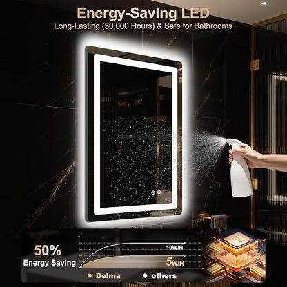 30x20 LED Bathroom Vanity Mirror with Lights, Anti-Fog, Dimmable | Front & Backlit with 3 Color Modes and Memory, 5mm Shatterproof Glass, Plug-in or Hardwired, Horizontal or Vertical