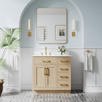 36-Inch Bathroom Vanity with Sink W/ 2 Doors & 4 Drawers & 1 Flip Drawer, Oak Vanity W/Brushed Gold Handles