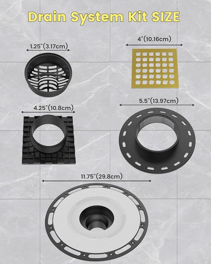 4" Shower Drain Kit Compatible with Schluter Kerdi, Premium 304 Stainless Steel Flange System, Exact Fit Alternative for Tile Floors, Includes Hair Strainer & Grate Opener, Brushed Gold