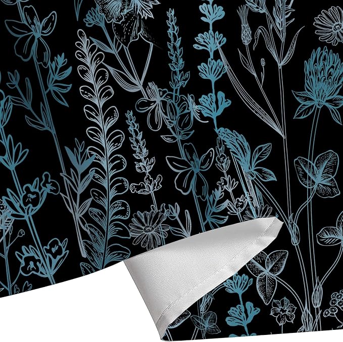 Vintage Black and Blue Boho Shower Curtain, Black and Green Floral Aesthetic Dark Wildflower Botanical Flowers Shower Curtain for Bathroom with Hook, Farmhouse Plant Art Chic Shower Curtain 72X72