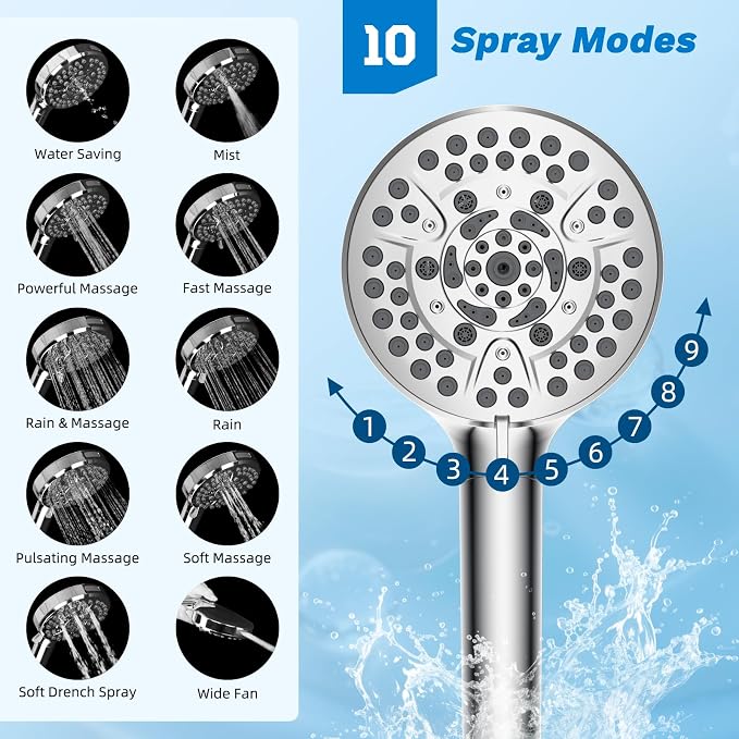 Hibbent High Pressue All Metal 8" Rainfall Shower Head, Handheld 10-Spray | cUPC Certified Chrome Dual Showerhead Combo, 4-way Diverter with Pause Mode, Brass Extension Arm, 71'' Shower Hose & Holder