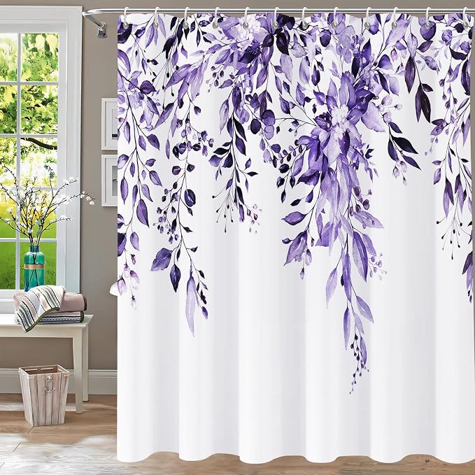 Shower Curtain,Purple Eucalyptus Shower Curtains for Bathroom,Watercolor Leaves Bathroom Curtains Washable Waterproof Leaf Shower Curtain Sets Botanical Shower Curtain Plants 72x72 with Hooks