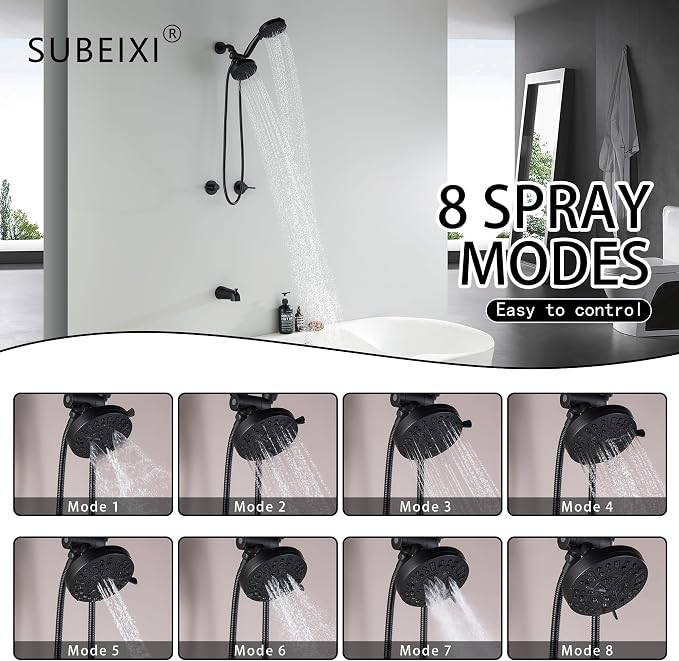 2 Handle Shower Faucet Set with Tub Spout Matte Black Two Handle Shower Faucet Set Complete Tub and Shower Trim Kit, Wall Mount