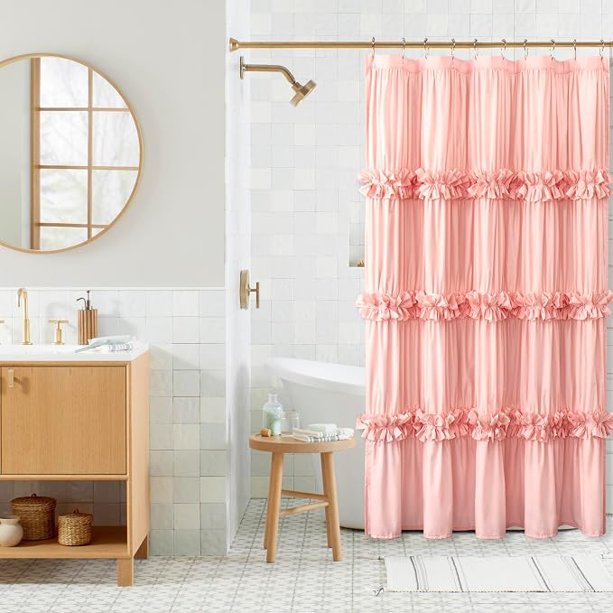 Homechoice Decor Victorian Peach Ruffle Shower Curtain with 10 Buttonholes | Stall Size Bath Curtain 60"W x 72"L, Ruched Microfiber Vintage Handcrafted Bow Tie, Machine Washable and Dry Quickly (LQ-10)