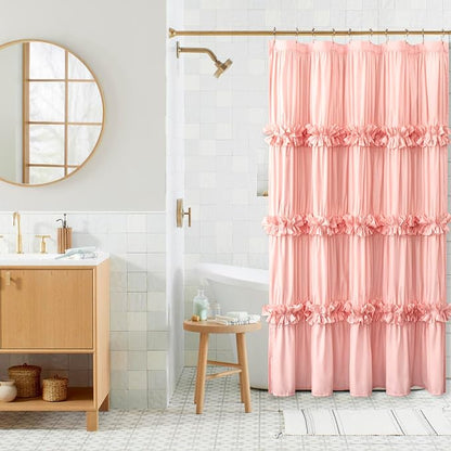 Homechoice Decor Victorian Peach Ruffle Shower Curtain with 10 Buttonholes | Stall Size Bath Curtain 60"W x 72"L, Ruched Microfiber Vintage Handcrafted Bow Tie, Machine Washable and Dry Quickly (LQ-10)