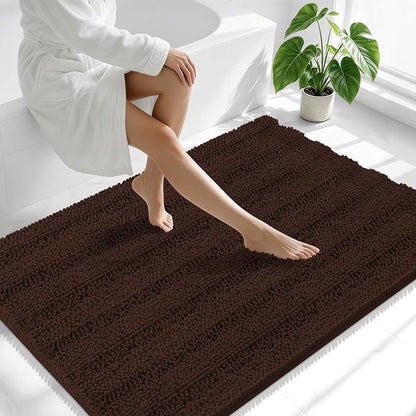 Smiry Thick Chenille Large Bathroom Runner Rugs 44x32, Soft Bath Mat, Brown | Quick‑Dry & Machine Washable, Non‑Slip Bath Carpet, Striped Bath Rugs for Tub & Shower, Modern Home Decor Accessories