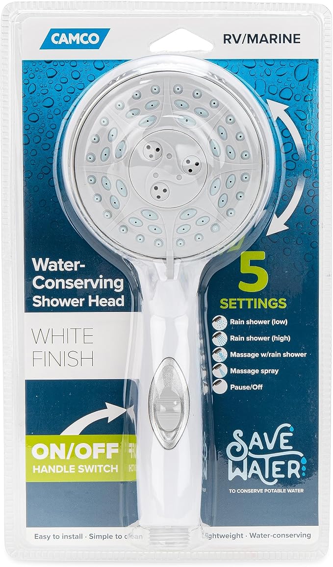 Camco RV Shower Head - Features Convenient On/Off Switch & 5 Different Spray Patterns - Designed to Conserve Potable Water - Simple to Clean w/Rubber Spray Tips - White (43711) | Conserves potable water, rubber tips for easy cleaning, 4 in diameter, 9 ...