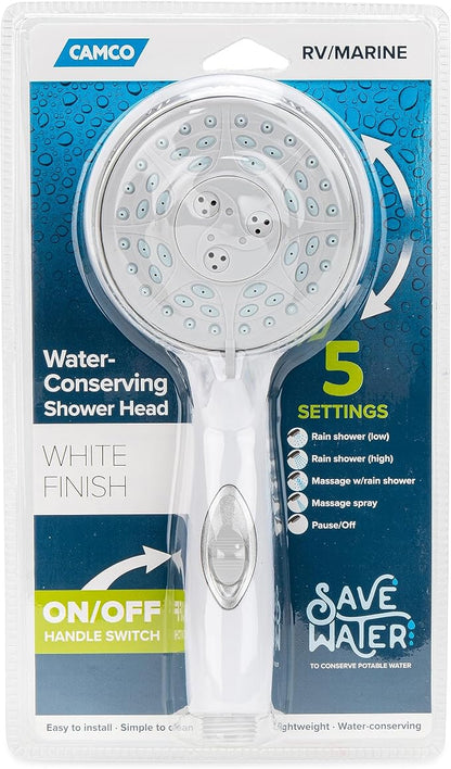 Camco RV Shower Head - Features Convenient On/Off Switch & 5 Different Spray Patterns - Designed to Conserve Potable Water - Simple to Clean w/Rubber Spray Tips - White (43711) | Conserves potable water, rubber tips for easy cleaning, 4 in diameter, 9 ...