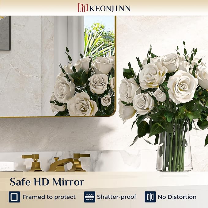Keonjinn 24"x32" Gold Medicine Cabinet Mirror, Stainless Steel Framed | Stepless Adjustable Shelves, Surface Mount/Recessed, Heavy & Solid, Soft Close with DTC Hinges, Bathroom Medicine Cabinet