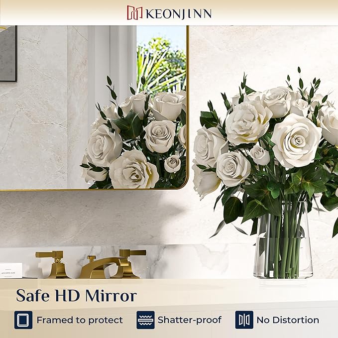 Keonjinn 24 x 32 Inch Gold Recessed Medicine Cabinets, Bathroom Mirrored Medicine Cabinet, Dim Brushed Brass Stainless Steel Framed, DTC Hinges, Stepless Adjustable Shelves, in Wall or Surface Mount