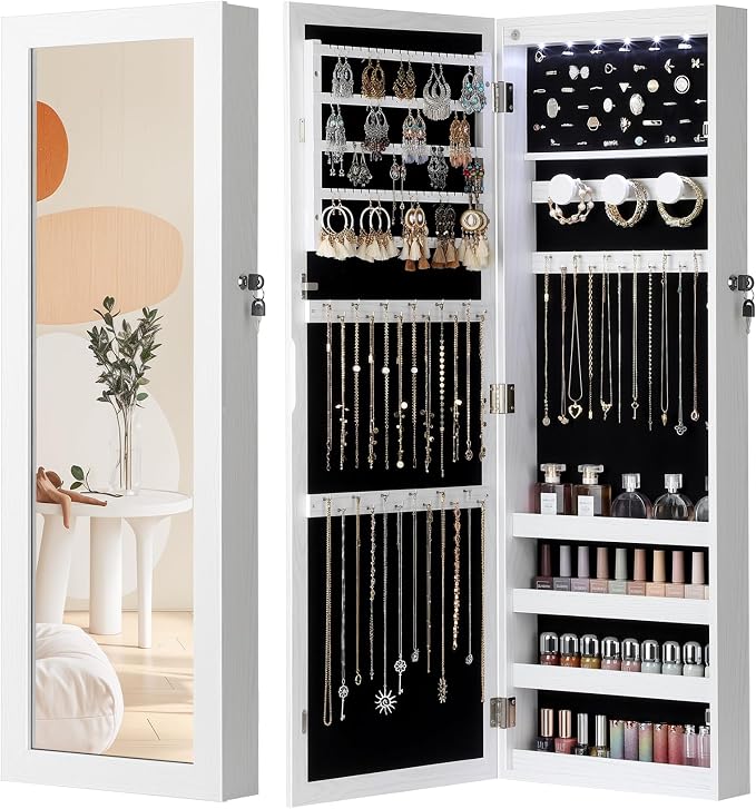 Nicetree 6 LEDs Mirror Jewelry Cabinet, Jewelry Organizer with Full Length Mirror, Wall/Door Mounted Jewelry Organizer, Full Length Mirror with Storge (Textured White)