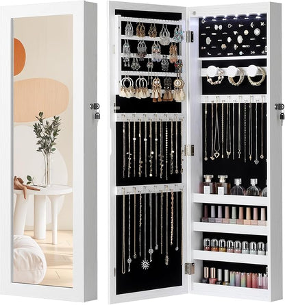Nicetree 6 LEDs Mirror Jewelry Cabinet, Jewelry Organizer with Full Length Mirror, Wall/Door Mounted Jewelry Organizer, Full Length Mirror with Storge (Textured White)