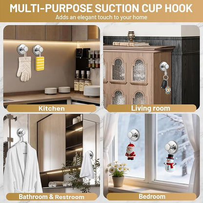 Suction Cup Hooks for Shower No-Drill Bathroom Hooks for Towels, Robes, Loofah Mountable on Bathroom Walls, Kitchen, Glass, Mirrors, Tile and Smooth,Non-Porous Surfaces (4, Chrome Polished)
